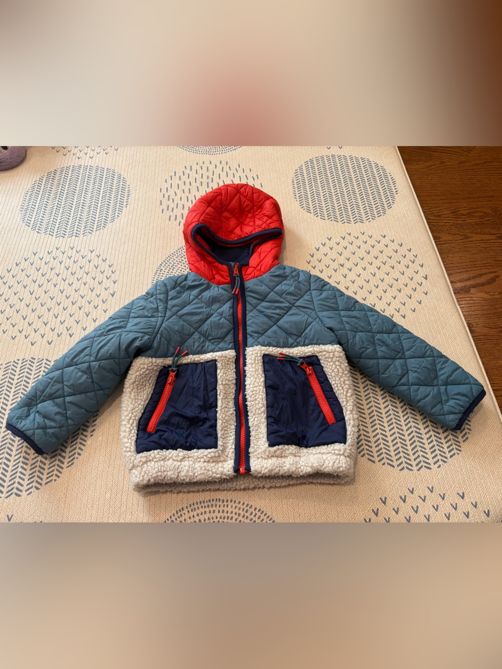 Mini Boden Quilted Teal Jacket with Red Hood and Navy Pockets size 4-5